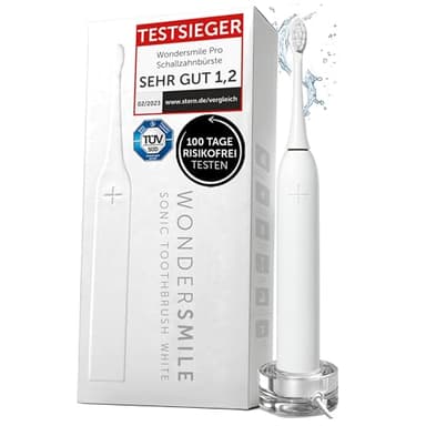 WonderSmile Schallzahnbürste Pro - Testsieger 2026* - Elektrische Zahnbürste IPX8, 4 Programme - TÜV SÜD-geprüft - mit Ladestation & 60 Tage Power Batterie mit Smart-Bürstenkopf (All White)