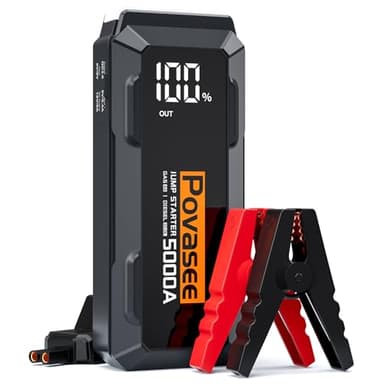 Povasee A40 Starthilfe Powerbank, 5000A Spitzenstrom Auto Starthilfe Powerbank mit LCD Display, Jump Starter mit USB Schnellladung und LED Taschenlampe für 12V Auto (Bis zu Alle Benzin/10L Diesel)