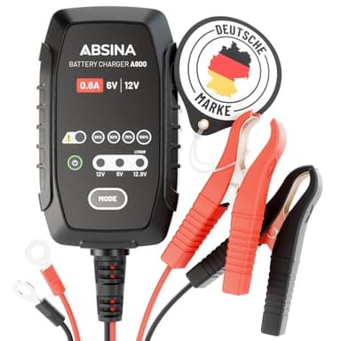 ABSINA Roller & Motorrad Batterieladegerät vollautomatisch mit 800mA - AGM Ladegerät 6V & 12V Blei Batterie bis 26Ah / 12,8V Lithium bis 15Ah - Ladegerät Motorradbatterie mit 3,4m Kabel