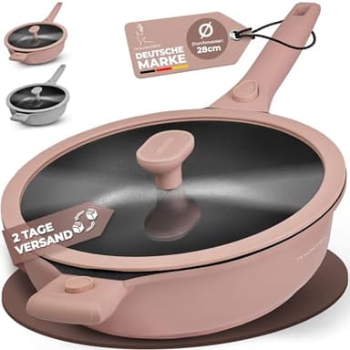 TRAUMLEBEN Bratpfanne 28 cm mit Deckel, abnehmbaren Griffen & Antihaftbeschichtung, PFOA-frei, für Induktion geeignet | ofenfest | hoher Rand | beschichtete Pfanne