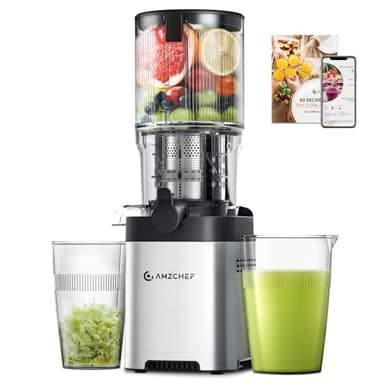 AMZCHEF Entsafter Slow Juicer 136 mm – Saftpresse Elektrisch für Gemüse & Obst – Cold Press Juicer mit 2 Filtern – Leise & Leicht zu Reinigen - Silber