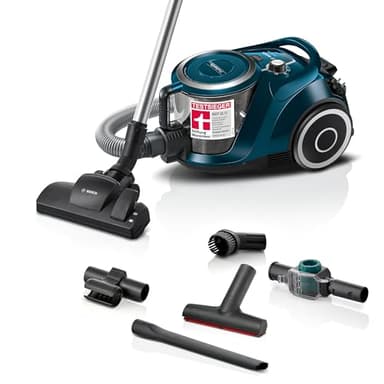 Bosch Staubsauger beutellos Serie 6 ProFamily BGC41XFMLY, ideal für Allergiker, Hygiene-Filter, 10 J. Motorgarantie, Spielzeugfalle, XXL-Polsterdüse, XXL-Fugendüse, hohe Saugkraft, leise, 750 W, blau