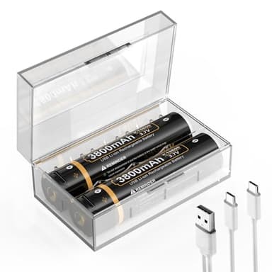 2 Stück 3800mAh Höhe Kapazität Akku, 3,7V Neuer 0-Zyklus Eingebauter Ladeanschluss, Schnellladung über USB-C mit Zwei Kopfkabel, für LED Stirnlampe