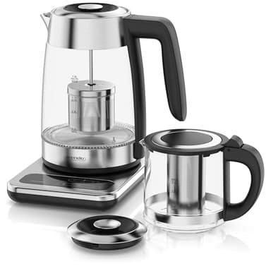 Arendo - Wasserkocher Glas inkl. Teekocher - mit Temperatureinstellung 1,8 Liter - Edelstahl Teekocher 0,8 Liter mit Sieb - 2200 W – Überhitzungsschutz – Temperaturauswahl 40° - 100°C - Warmhalten