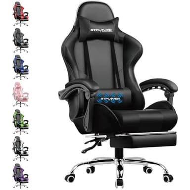 GTPLAYER Bürostuhl Gaming Stuhl Massage Gaming Sessel Ergonomischer Gamer Stuhl mit Fußstütze, Gepolstert Gaming Chair, Drehsessel 150KG, schwarz