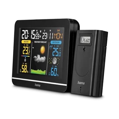 Hama Wetterstation (mit Außensensor, Thermometer innen und außen, Frostalarm, Hygrometer innen und außen, Wettervorhersage mit Symbolen, Raumklima, DCF Funkuhr, Mondphasen, Beleuchtung) schwarz