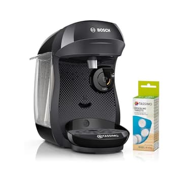 Bosch Tassimo happy friendly Kapselmaschine TAS102EA, über 70 Getränke, geeignet für alle Tassen, Abschaltautomatik, nachhaltig, inkl. Entkalkungstabletten, platzsparend, 1400 W, schwarz