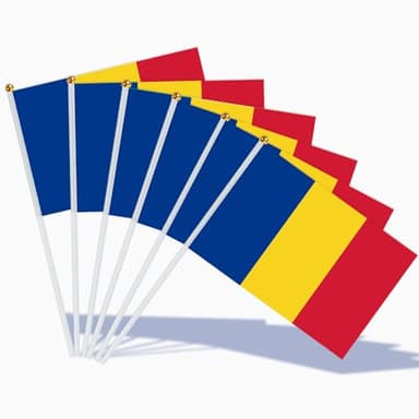 AhfuLife 15 Stück Klein Rumänien Flaggen für Rumänische Deko, Mini Rumänien Handgehaltene Fahne mit 30cm weißem Pole für 2026 WM 1. Dezember Nationaltag Festival Party Zuhause Garten Dekoration