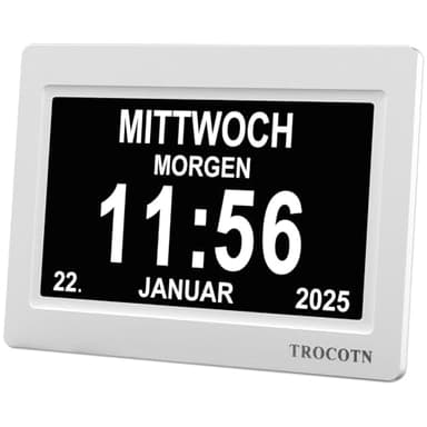 TROCOTN Demenz Uhr Senioren Digitale Uhr Tagesuhr Großes Display Wecker Wanduhr (Weiß, 7 Zoll)