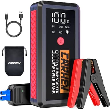 CARHEV 5000A Starthilfe Powerbank für Pkw, Booster Auto Starthilfe, 12V Starter Powerbank(Bis zu 8.0L Benzin Oder 8.0L Diesel) Auto Batterie Booster mit Schnelllade USB Ausgänge und LED Taschenlampe