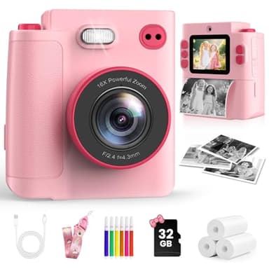 MYSTILUCK Sofortbildkamera Kinder, 1080P HD Kinderkamera Sofortbildkamera mit 32GB Karte & DruckerPapier, Kinderspielzeug Geburtstag und Weihnachten Geschenke für Jungen/Mädchen 3-12 Jahren (Rosa)