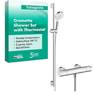 hansgrohe Crometta - Duschset mit Thermostat Ecostat 1001 CL, runder Duschkopf mit Brausestange 90 cm, Duschkopfhalterung und Brauseschlauch 1,60m, Duschbrause mit 2 Strahlarten, Weiß-Chrom, 27813400