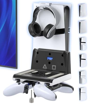 PS5 Wandhalterung für PS5/Slim/Pro Disc & Digital, vertikale Playstation 5 Wandhalterung für 2 PS 5 Controller und Kopfhörer, PS5 Wall Mount und Zubehörset, PS5 Halter mit Headset Haken PlayStation 4