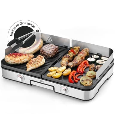 LEBENLANG Elektrogrill Tischgrill elektrisch - Inkl. Grillzange & Spritzschutz I 2400W Für Drinnen & Draußen I Gril Elektro Grill für Balkon Tisch I Elektrischer Plattengrill Indoor Grills Indoorgrill