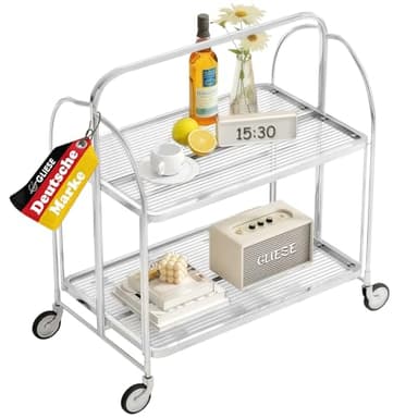 GLIESE Servierwagen Klappbar Mit Rädern,2 Tier Clear Tempered Glass,Mobiler Aufbewahrungs-Klappwagen,KüChenrollwagen, Barwagen Teewagen,Weinwagen Servierwagen,GeträNkewagen