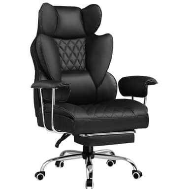 GTPLAYER Gaming Stuhl, Bürostuhl mit Taschenfeder-Lendenwirbelstütze, breiter Büro-Computersessel mit nach außen fixierten weichen Armlehnen und Fußstütze, 180KG, Leder Schwarz