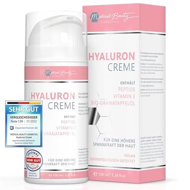 Medical Beauty Hyaluron Creme 100ml - mit Peptiden, Vitamin E und Bio-Granatapfelkern-Öl - vegane Anti-Aging Gesichtscreme für Augen, Hals, Dekolleté mit DermaCROSS III-Komplex