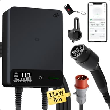 dé Typ 2 Wallbox 11kW mit APP und RFID, 6-16A 3-Phasen EV-Ladegerät 400V mit 5m Ladekabel und Kabelhalter für BEV/PHEV, RCD Typ-B & IP54-Schutz, effiziente Ladestation für Zuhause, schwarz