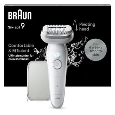 Braun Silk-épil 9 Epilierer Damen, Haarentferner mit Schwenkbarem Kopf, Langanhaltende Haarentfernung, Seidig-Glatte Haut, Wet und Dry, Wasserdicht — Inkl. Etui, Made in Germany — 9-011, Weiß/Silber