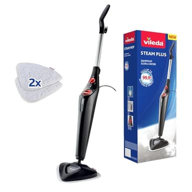 Vileda Steam Plus Dampfreiniger mit 2 Mikrofaserpads | Hygienischer Bodenreiniger für alle Böden & Teppiche | Antibakteriell ohne Chemie | Aufheizzeit: 15 Sekunden