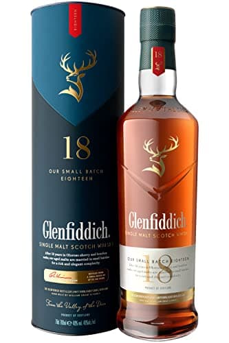 Glenfiddich 18 Jahre Single Malt Scotch Whisky mit Geschenkverpackung, 70cl - in Ex-Bourbon- & Oloroso Sherry-Fässern gereift für hochwertigen Genuss - Das Flaschendesign kann variieren