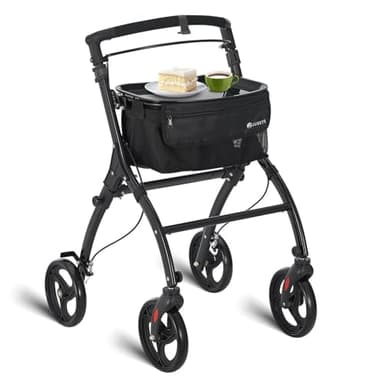 Juskys Aluminium Wohnungsrollator Aktiv mit Transporttasche & Tablett - Indoor Rollator schmal, leicht & faltbar - Gehhilfe für Senioren - Schwarz
