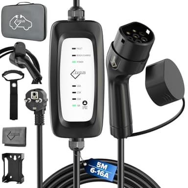 EVIEUN Typ 2 Ladekabel Schuko 3,6kW [1-phasig 5m 6-16A] | EV Ladegerät mit 4-stufig Stromregelung | Ladekabel Elektroauto IEC 62196-2 für ID.3/ID.4, Model 3/Y, ZOE, Q3/Q5 u.a. (EV/PHEV)