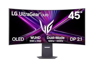 LG UltraGear OLED GX9 Curved Gaming Monitor 5K2K 45GX950A, Dual-Mode 165Hz - 330Hz, 0.03ms Reaktionszeit, HDR 10, NVIDIA G-Sync und AMD FreeSync, DP 2.1, HDMI 2.1, USB-C kompatibel