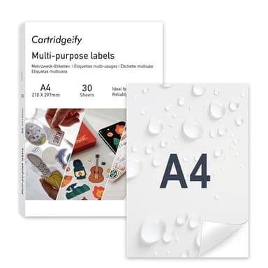 Cartridgeify A4 Vinyl Sticker Papier 30 Blatt, Aufkleberfolie Bedruckbar, Weiß, matt, Selbstklebend Wasserfest Aufkleber Etikette, Vinylaufkleber für Tintenstrahldrucker Laserdrucker