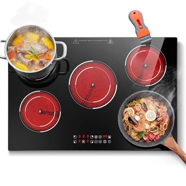 SNDOAS Glaskeramikkochfeld 5 Platten, Einbau Kochfeld 77cm mit 3 Doppelkreiskochzonen, Herdplatte 5 Kochfelder 9000W, 9 Stufen, Touch, Timer, Kindersicherung, 220-240V Hardware-Anschluss ohne Stecker
