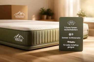hERZtal 7-Zonen Taschenfederkernmatratze 120x200 cm – 18 cm hoch, All in One, punktelastisch & atmungsaktiv, Sommer-/Winterseite, Bezug abnehmbar & 60 °C waschbar, Zertifiziert