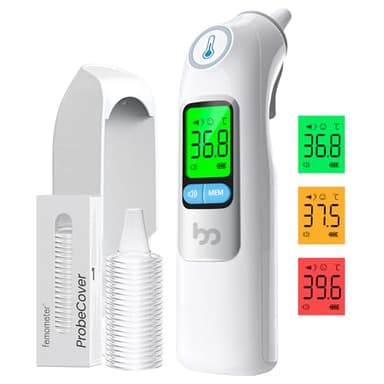 Fieberthermometer Ohr für Erwachsene & Kinder, 1s Ergebnis Hochpräzise Ohrthermometer, 30 Speicher Abrufen, 3-Farben-Fieber-Alarm, mit 21 Einweg-Sonde Abdeckungen & Aufbewahrungsbox (LCD-Weiß)