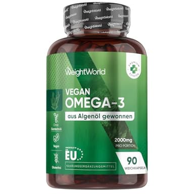 Omega 3 Vegan - 90 Weich-Kapseln - 2000mg Omega 3 Algenöl liefern 600mg DHA & 300mg EPA pro Portion - EPA & DHA tragen zur normalen Herzfunktion bei (EFSA) - Alternative zu Fischöl - WeightWorld