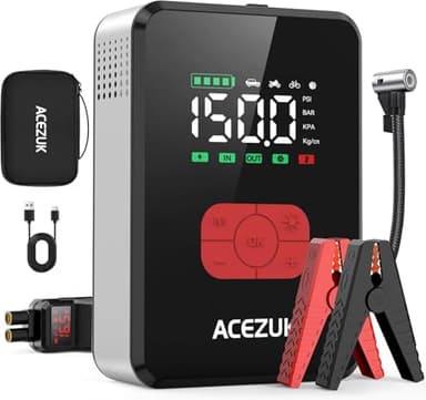 ACEZUK 7000A Starthilfe Powerbank für Pkw mit Kompressor 150PSI 12V Starthilfe Batteriepack (All Gas/12L Diesel), Autobatterie Starter mit Tragbaren Starthilfekabeln, LED-Leuchten
