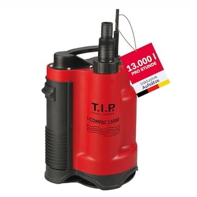 T.I.P. Schmutzwasser Drainage Tauchpumpe (Schächte ab 22 x 22 cm, 13.000 l/h Fördermenge, 9 m Förderhöhe, 0,9 bar Druck, 750 W, integrierter Schwimmer, vertikaler Pumpenausgang) I-Compac 13000, 30191