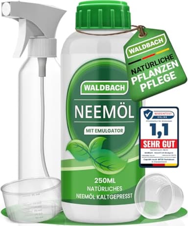WALDBACH® Neemöl mit Emulgator [250ml] - Natürliches Neemöl für Pflanzen mit Sprühflasche und Messbecher - 25 Liter sprühfertige Mischung - Effektive Pflanzenpflege für Garten- & Zimmerpflanzen