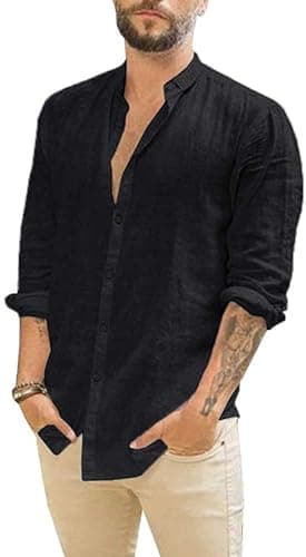 Friptspyg Leinenhemd Herren Hemd Langarm Baumwolle Leinen Hemden Button-Down Freizeithemden Casual Regular Fit Sommerhemd, Schwarz XL