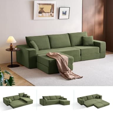 LINSY HOME Ecksofa mit Schlaffunktion - Bodensofa Bed mit Pillow Back Support Armrest - Schlafsofa Klappbar - Compressed Sofa in Box - Cord Stoff für Wohnzimmer Schlafzimmer (Grün)