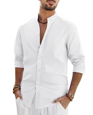 J.VER Leinenhemd Herren Hemd Langarm Sommerhemd Stehkragen Freizeithemd Baumwolle Regular Fit Strand Urlaub Shirt,Weiß,L