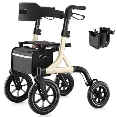 MAXWALK Rollator Faltbar und Leicht mit Sitz,Outdoor Rollator mit 30cm großen Gummi-Nonluftbereifung für Allen Gelände,integrierte Seilzugbremsung,Aluminium Höhenverstellbarer Rollatoren
