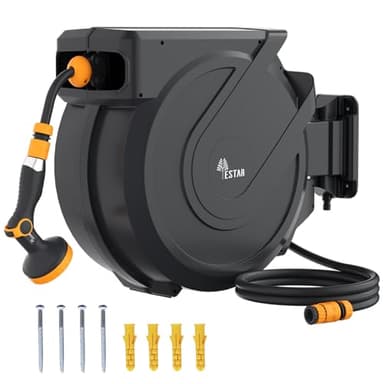 YESTAR Wandmontierte Schlauchtrommel 30m+2m, Schlauchaufroller mit Aufroll-Automatik & 180° Schwenkbar, Wand-Schlauchbox mit Arretierstop & 10 Muster Sprühdüse, für Gartenbewässerung & Autowäsche