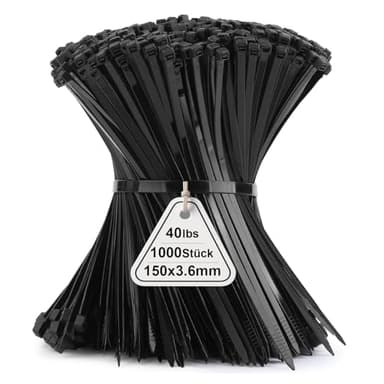 1000 Stück Kabelbinder Schwarz, 150mm x 3,6mm Industrie Cable Ties, Mehrzweck UV-Beständig Langlebig Klein Nylon Selbstsicherndes Zip Tie mit 18kg für Gartenarbeit, Hause, Büro, Werkstatt und den Auße