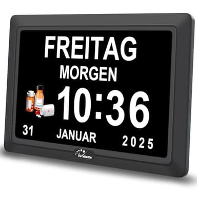 WallarGe Digitaler Demenz Uhr Großes Display für Senioren, Plug in elektrische Datum Tag der Woche Kalender Uhr 20 Erinnerungen 3 Klingeltöne 10 Stufen Lautstärke, Auto DST (7 Zoll,Schwarz)