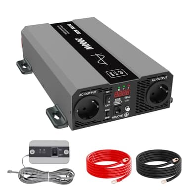 DATOUBOSS Wechselrichter 2000W 12V auf 230V Reiner Sinus Spannungswandler Power Inverter, mit 2 EU Steckdosen, USB/USB-C Ausgang und LCD-Anzeige Spitzenleistung 4000W Konverter für Wohnmobil Auto Kfz