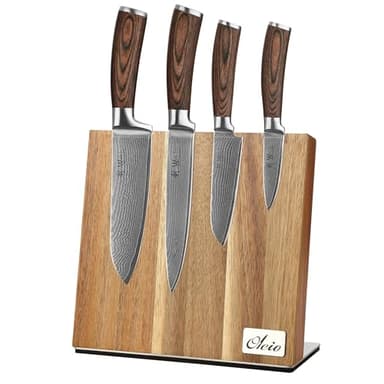 Wakoli EDIB 4-teiliges Damastmesser Set mit magnetischem Messerblock aus Akazienholz – Scharfe Küchenmesser mit 67 Lagen VG10 Stahl – Kochmesser für Hobbyköche & Profis – Geschenkbox enthalten