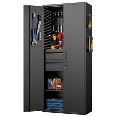 Aobabo Metall-Aufbewahrungsschrank mit 5 Stecktafeln und 2 Schubladen, 180 x 76 x 38 cm, abschließbarer Stahl-Werkzeugschrank für Garage, Lager, Montage erforderlich (N-2 Schublade, Schwarz)