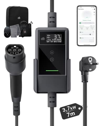 dé Typ 2 Ladekabel Schuko mit APP 3,7kW [7m, 6-16A, 1-phasig] Ladekabel Typ 2 Schuko mit Digitalem LCD - EV Charger 3,7kW für e Auto ID.3/4/5/7, Model Y/3, ENYAQ und Anderen PHEV/EV