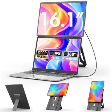 domyfan 16,1" Laptop Bildschirm Erweiterung FHD 1200P, Tragbarer Zweitbildschirm mit 360° Magnetständer, Portable Monitor für 13-17,3" Laptops, Plug & Play für Windows/Mac/PC/Xbox/PS5