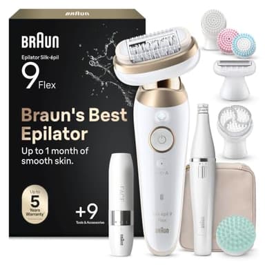 Braun Silk-épil 9 Flex SkinSpa Epilierer Damen, All-in-One Set, Haarentferner für Langanhaltende Haarentfernung, Ladyshaver, Gesichtshaarentferner, Wasserdicht, Made in Germany, 9-681 3D, Weiß/Gold