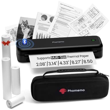 Phomemo M834 Thermodrucker A4, Mobiler Drucker A4 für Unterwegs, Büro, Schule, Zuhause, Kompatibel mit Smartphones und Computern, Tragbarer Drucker mit Tragetasche und 4 Rollen Thermopapier, Schwarz